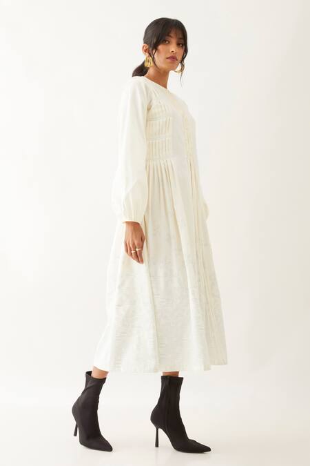 Son Of A Noble Snob_Off White Cotton Satin Round Neck Hazel Iris Print Dress _Online_at_Aza_Fashions