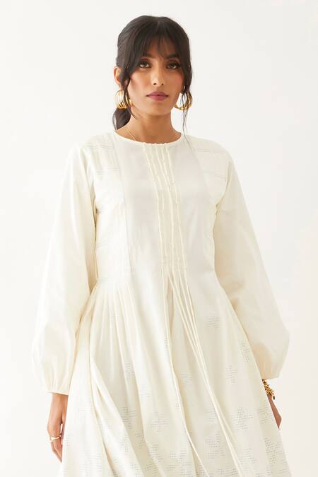 Buy_Son Of A Noble Snob_Off White Cotton Satin Round Neck Hazel Iris Print Dress _Online_at_Aza_Fashions