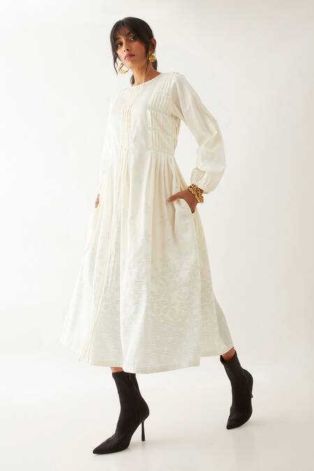 Shop_Son Of A Noble Snob_Off White Cotton Satin Round Neck Hazel Iris Print Dress _Online_at_Aza_Fashions