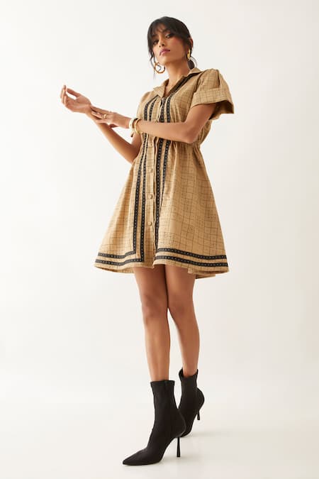 Buy_Son Of A Noble Snob_Beige Cotton Satin Shawl Neck Hope Domino Print Dress _Online_at_Aza_Fashions