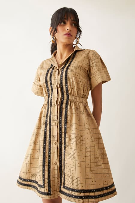 Shop_Son Of A Noble Snob_Beige Cotton Satin Shawl Neck Hope Domino Print Dress _Online_at_Aza_Fashions