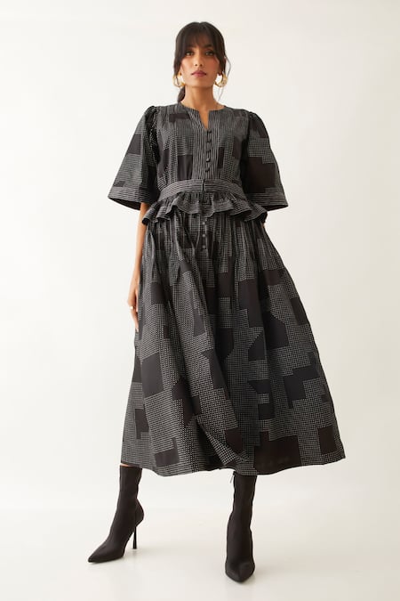 Son of A Noble Snob Black Cotton Satin Printed Blocks Notched Joy Dress 