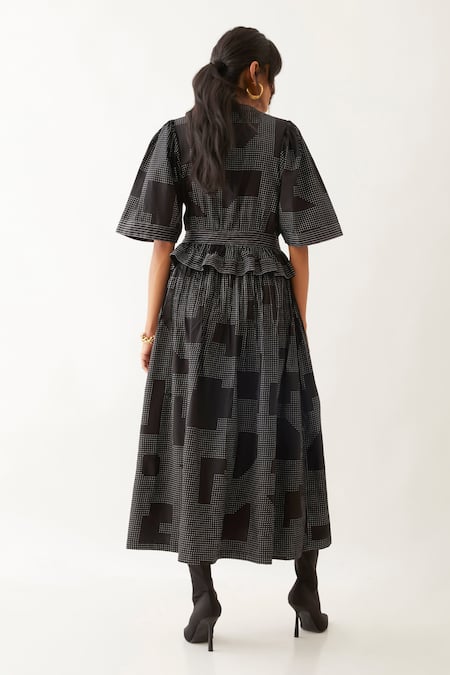 Shop Son Of A Noble Snob Black Cotton Satin Embroidery Split V-neck Joy Blocks Printed Dress at Aza Fashions Shop_Son Of A Noble Snob_Black Cotton Satin Embroidery Split V-neck Joy Blocks Printed Dress _at_Aza_Fashions