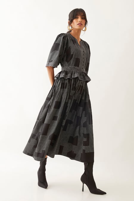 Son Of A Noble Snob Black Cotton Satin Embroidery Split V-neck Joy Blocks Printed Dress Online at Aza Fashions Son Of A Noble Snob_Black Cotton Satin Embroidery Split V-neck Joy Blocks Printed Dress _Online_at_Aza_Fashions