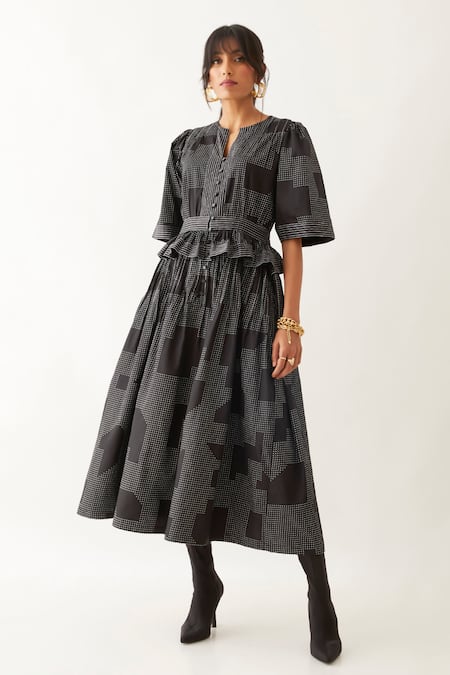 Buy Son Of A Noble Snob Black Cotton Satin Embroidery Split V-neck Joy Blocks Printed Dress Online at Aza Fashions Buy_Son Of A Noble Snob_Black Cotton Satin Embroidery Split V-neck Joy Blocks Printed Dress _Online_at_Aza_Fashions