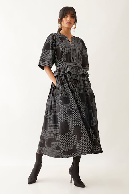 Shop Son Of A Noble Snob Black Cotton Satin Embroidery Split V-neck Joy Blocks Printed Dress Online at Aza Fashions Shop_Son Of A Noble Snob_Black Cotton Satin Embroidery Split V-neck Joy Blocks Printed Dress _Online_at_Aza_Fashions