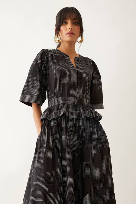 Son Of A Noble Snob Black Cotton Satin Embroidery Split V-neck Joy Blocks Printed Dress at Aza Fashions Son Of A Noble Snob_Black Cotton Satin Embroidery Split V-neck Joy Blocks Printed Dress _at_Aza_Fashions