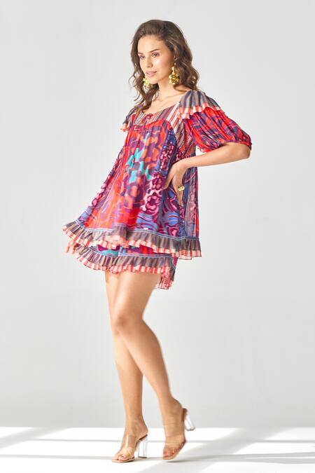 Verb By Pallavi Singhee_Red Viscose, Georgette Embroidery Scoop Neck Floral Print Top_Online_at_Aza_Fashions