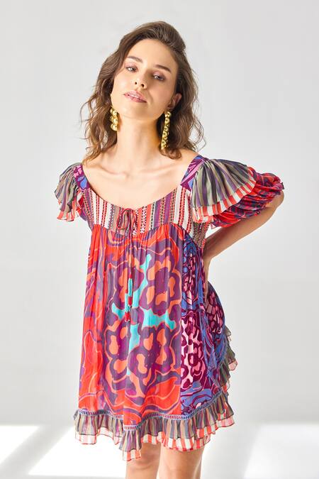 Buy_Verb By Pallavi Singhee_Red Viscose, Georgette Embroidery Scoop Neck Floral Print Top_Online_at_Aza_Fashions