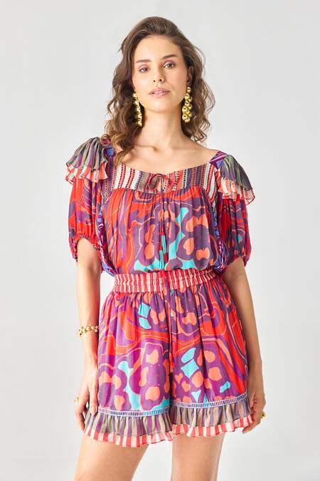 Verb By Pallavi Singhee_Red Viscose, Georgette Embroidery Ruffle Printed Shorts_Online_at_Aza_Fashions