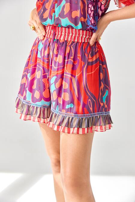 Buy_Verb By Pallavi Singhee_Red Viscose, Georgette Embroidery Ruffle Printed Shorts_Online_at_Aza_Fashions
