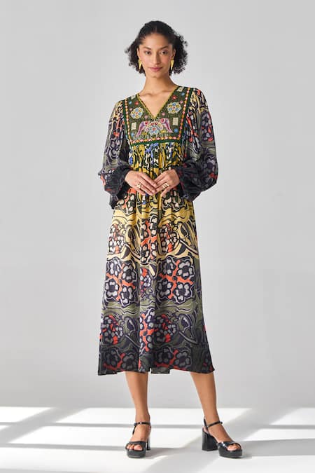 Verb by Pallavi Singhee Multi Color Viscose Crepe Printed Floral V Neck Dress 