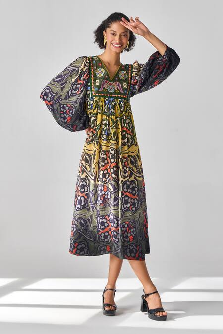 Verb By Pallavi Singhee Multi Color Viscose, Crepe Embroidery, Sequins V-neck Floral Print Dress Online at Aza Fashions Verb By Pallavi Singhee_Multi Color Viscose, Crepe Embroidery, Sequins V-neck Floral Print Dress _Online_at_Aza_Fashions