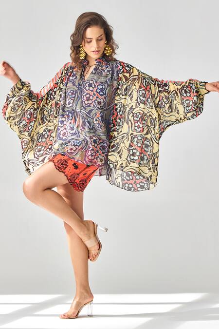 Buy_Verb By Pallavi Singhee_Grey Viscose, Georgette Tassels, Beads Mandarin Collar Garden Print Top_Online_at_Aza_Fashions