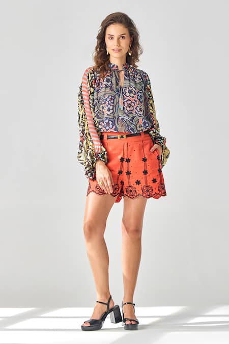 Verb by Pallavi Singhee Floral Stripe Embroidered Shorts 