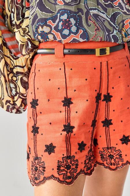 Verb By Pallavi Singhee_Orange Cotton Beads, Sequins, Cut Work Floral Stripe Embroidered Shorts_Online_at_Aza_Fashions
