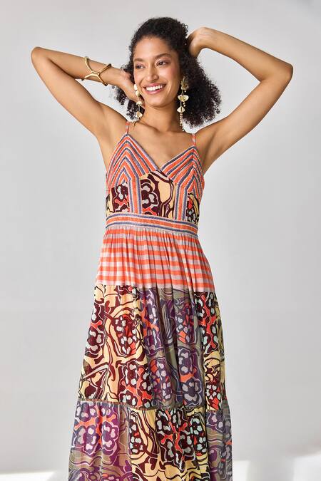 Buy Verb By Pallavi Singhee Multi Color Viscose, Georgette Embroidery V-neck Floral Print Dress Online at Aza Fashions Buy_Verb By Pallavi Singhee_Multi Color Viscose, Georgette Embroidery V-neck Floral Print Dress_Online_at_Aza_Fashions