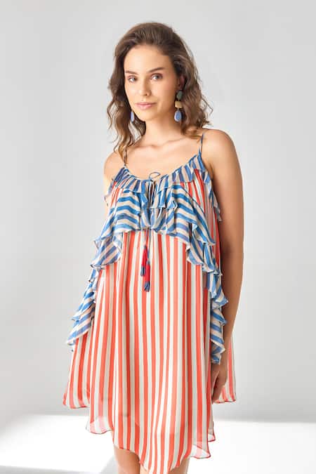 Verb By Pallavi Singhee_Multi Color Viscose, Georgette Tassels Keyhole Neck Stripe Print Dress _Online_at_Aza_Fashions