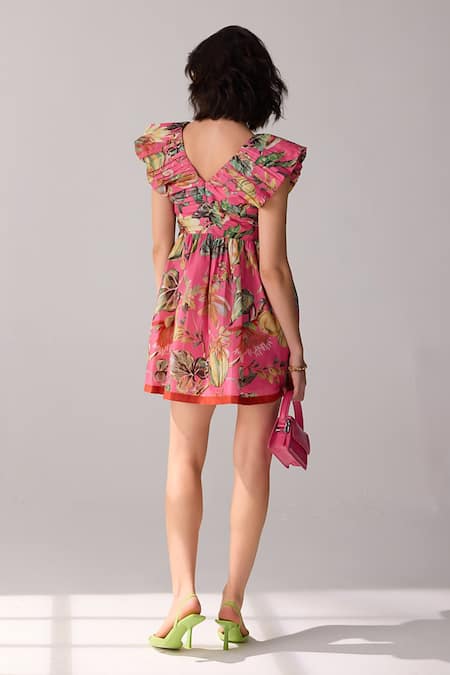 Shop Verb By Pallavi Singhee Pink Polyester Plunge Neck Tropical Print Dress at Aza Fashions Shop_Verb By Pallavi Singhee_Pink Polyester Plunge Neck Tropical Print Dress _at_Aza_Fashions