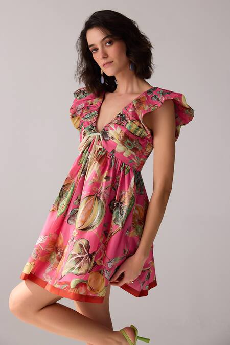 Buy Verb By Pallavi Singhee Pink Polyester Plunge Neck Tropical Print Dress Online at Aza Fashions Buy_Verb By Pallavi Singhee_Pink Polyester Plunge Neck Tropical Print Dress _Online_at_Aza_Fashions