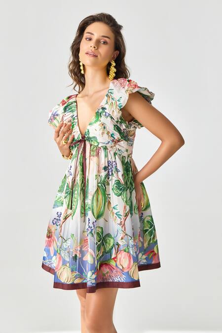 Buy Verb By Pallavi Singhee Ivory Polyester Plunge Neck Botanical Print Dress Online at Aza Fashions Buy_Verb By Pallavi Singhee_Ivory Polyester Plunge Neck Botanical Print Dress _Online_at_Aza_Fashions