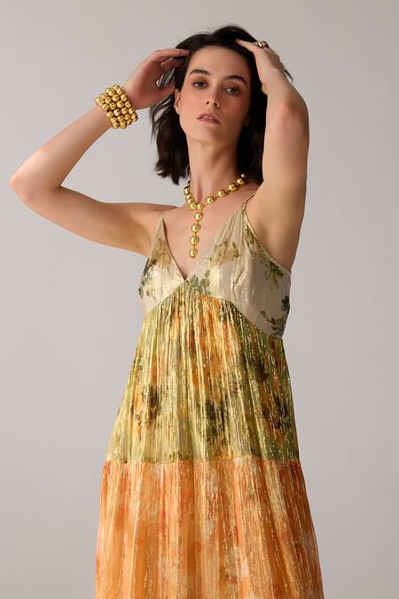 Verb By Pallavi Singhee Multi Color Viscose, Lurex, Georgette Embroidery Floral Print Spaghetti Dress Online at Aza Fashions Verb By Pallavi Singhee_Multi Color Viscose, Lurex, Georgette Embroidery Floral Print Spaghetti Dress _Online_at_Aza_Fashions