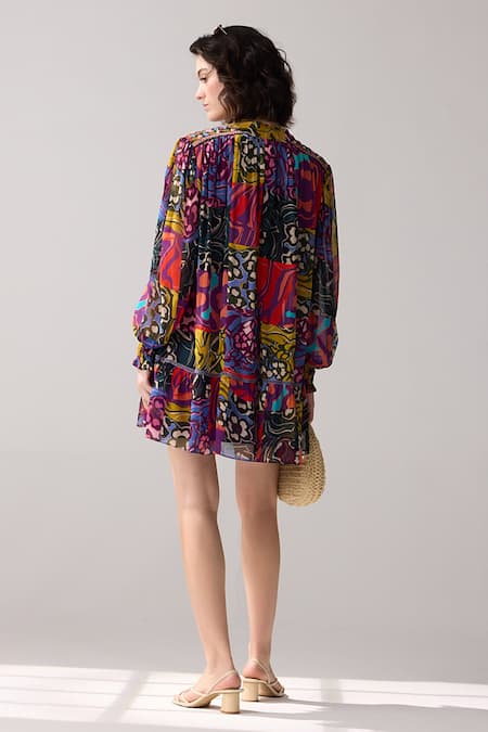 Shop Verb By Pallavi Singhee Multi Color Viscose, Georgette Embroidery Mandarin Floral Patchwork Print Dress at Aza Fashions Shop_Verb By Pallavi Singhee_Multi Color Viscose, Georgette Embroidery Mandarin Floral Patchwork Print Dress _at_Aza_Fashions