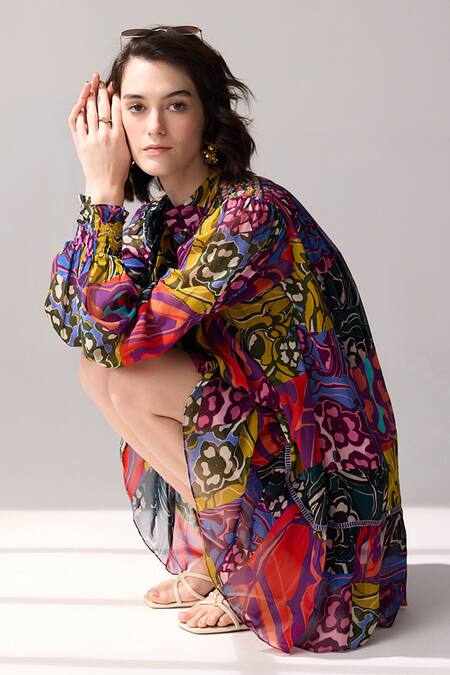 Verb By Pallavi Singhee Multi Color Viscose, Georgette Embroidery Mandarin Floral Patchwork Print Dress Online at Aza Fashions Verb By Pallavi Singhee_Multi Color Viscose, Georgette Embroidery Mandarin Floral Patchwork Print Dress _Online_at_Aza_Fashions