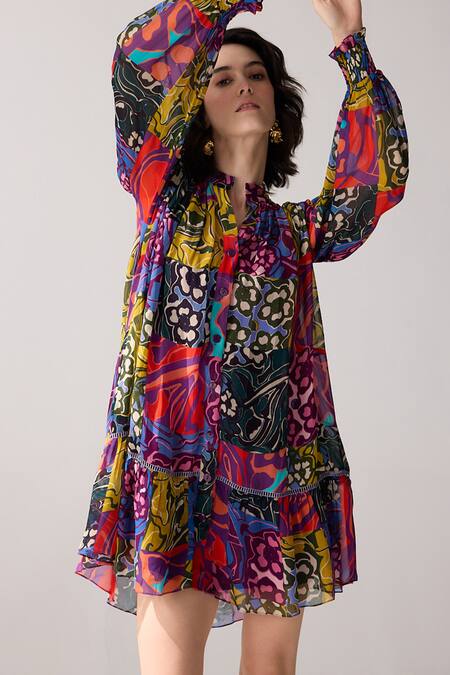 Buy Verb By Pallavi Singhee Multi Color Viscose, Georgette Embroidery Mandarin Floral Patchwork Print Dress Online at Aza Fashions Buy_Verb By Pallavi Singhee_Multi Color Viscose, Georgette Embroidery Mandarin Floral Patchwork Print Dress _Online_at_Aza_Fashions