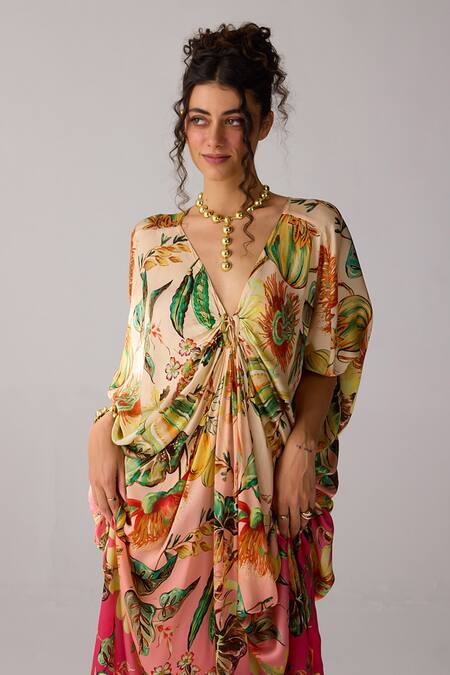 Verb By Pallavi Singhee Multi Color Satin Plunge Neck Ombre Printed Kaftan Dress Online at Aza Fashions Verb By Pallavi Singhee_Multi Color Satin Plunge Neck Ombre Printed Kaftan Dress _Online_at_Aza_Fashions