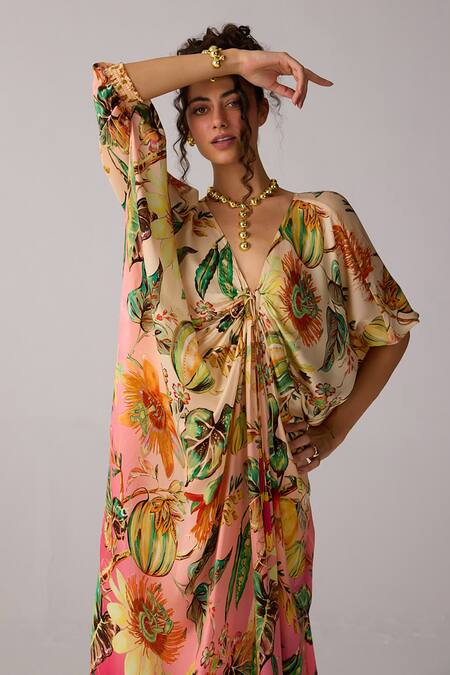 Buy Verb By Pallavi Singhee Multi Color Satin Plunge Neck Ombre Printed Kaftan Dress Online at Aza Fashions Buy_Verb By Pallavi Singhee_Multi Color Satin Plunge Neck Ombre Printed Kaftan Dress _Online_at_Aza_Fashions