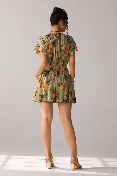 Shop Verb By Pallavi Singhee Green Viscose, Georgette V-neck Floral Print Short Dress at Aza Fashions Shop_Verb By Pallavi Singhee_Green Viscose, Georgette V-neck Floral Print Short Dress_at_Aza_Fashions