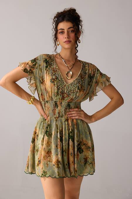 Buy Verb By Pallavi Singhee Green Viscose, Georgette V-neck Floral Print Short Dress Online at Aza Fashions Buy_Verb By Pallavi Singhee_Green Viscose, Georgette V-neck Floral Print Short Dress_Online_at_Aza_Fashions