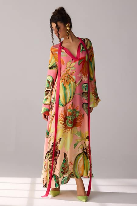Verb By Pallavi Singhee Pink Georgette V-neck Floral Print Maxi Dress Online at Aza Fashions Verb By Pallavi Singhee_Pink Georgette V-neck Floral Print Maxi Dress _Online_at_Aza_Fashions