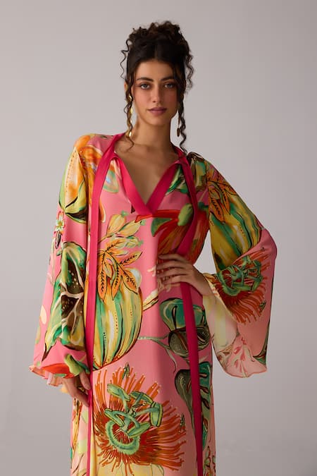Buy Verb By Pallavi Singhee Pink Georgette V-neck Floral Print Maxi Dress Online at Aza Fashions Buy_Verb By Pallavi Singhee_Pink Georgette V-neck Floral Print Maxi Dress _Online_at_Aza_Fashions