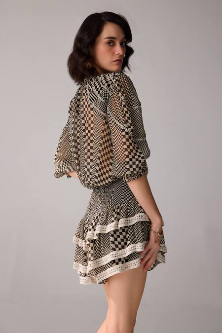 Verb By Pallavi Singhee Black Cotton, Chiffon Chequered Print Blouse Online at Aza Fashions Verb By Pallavi Singhee_Black Cotton, Chiffon Chequered Print Blouse _Online_at_Aza_Fashions