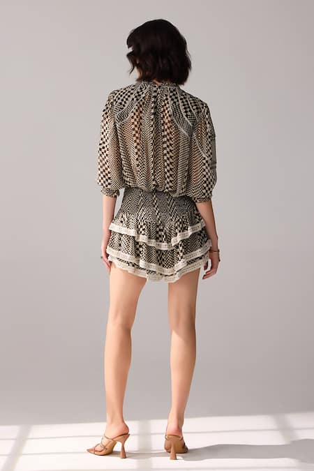 Shop Verb By Pallavi Singhee Black Cotton, Chiffon Lace Chequered Print Layered Skirt at Aza Fashions Shop_Verb By Pallavi Singhee_Black Cotton, Chiffon Lace Chequered Print Layered Skirt _at_Aza_Fashions