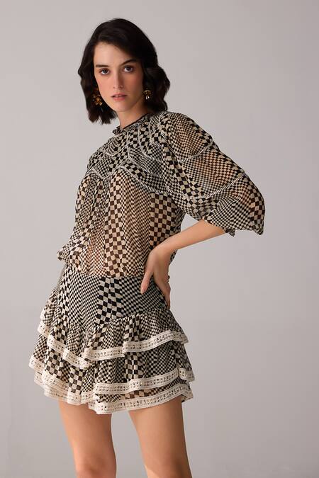 Verb By Pallavi Singhee Black Cotton, Chiffon Lace Chequered Print Layered Skirt Online at Aza Fashions Verb By Pallavi Singhee_Black Cotton, Chiffon Lace Chequered Print Layered Skirt _Online_at_Aza_Fashions