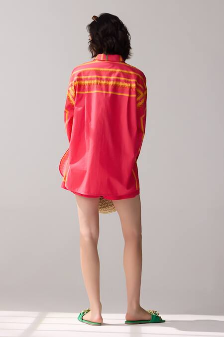 Shop Verb By Pallavi Singhee Pink Cotton Embroidery Collared Floral Print Shirt at Aza Fashions Shop_Verb By Pallavi Singhee_Pink Cotton Embroidery Collared Floral Print Shirt_at_Aza_Fashions