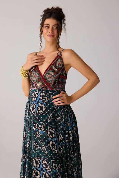 Verb By Pallavi Singhee Blue Viscose, Georgette Sequins, Embroidery V-neck Hand Yoke Dress Online at Aza Fashions Verb By Pallavi Singhee_Blue Viscose, Georgette Sequins, Embroidery V-neck Hand Yoke Dress _Online_at_Aza_Fashions