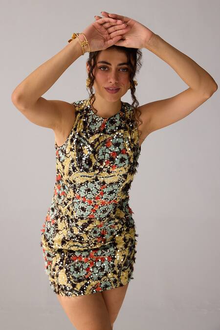 Buy_Verb By Pallavi Singhee_Yellow Cotton Embroidery, Sequins Round Neck Floral Print Short Dress _Online_at_Aza_Fashions