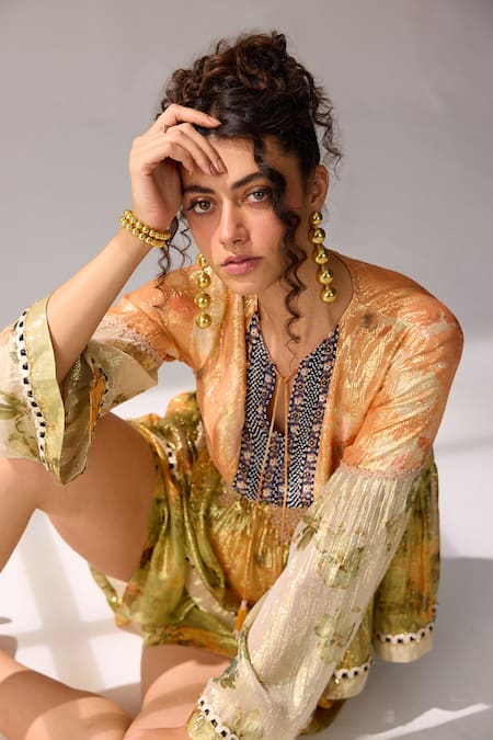 Verb By Pallavi Singhee_Multi Color Viscose, Lurex, Chiffon Embroidery V-neck Block Floral Print Top _Online_at_Aza_Fashions