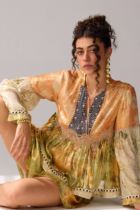 Buy_Verb By Pallavi Singhee_Multi Color Viscose, Lurex, Chiffon Embroidery V-neck Block Floral Print Top _Online_at_Aza_Fashions
