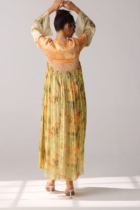 Verb By Pallavi Singhee Color Block Lurex Floral Print Dress 