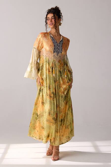 Verb By Pallavi Singhee_Multi Color Viscose, Lurex, Chiffon Embroidery V-neck Block Floral Print Dress _Online_at_Aza_Fashions