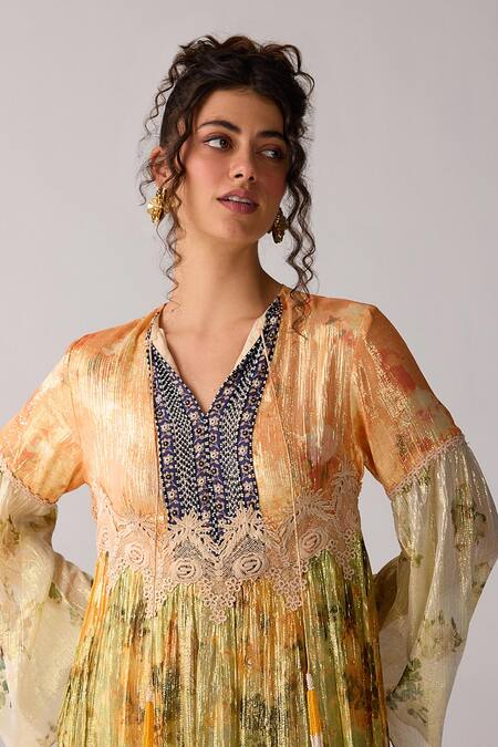 Buy_Verb By Pallavi Singhee_Multi Color Viscose, Lurex, Chiffon Embroidery V-neck Block Floral Print Dress _Online_at_Aza_Fashions