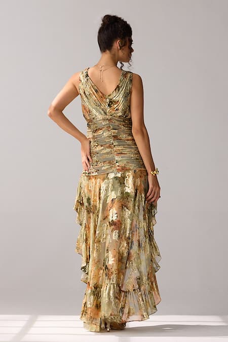 Verb By Pallavi Singhee Lurex Floral Print High Low Dress 