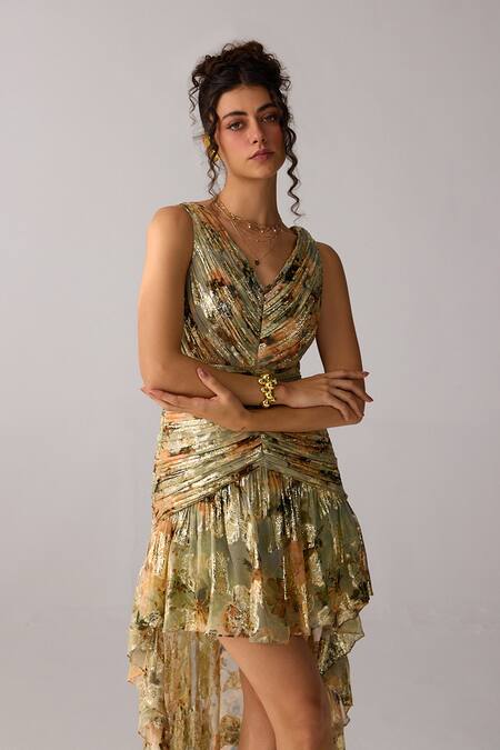 Buy_Verb By Pallavi Singhee_Multi Color Viscose, Lurex, Georgette Embroidery Floral Print High Low Dress _Online_at_Aza_Fashions