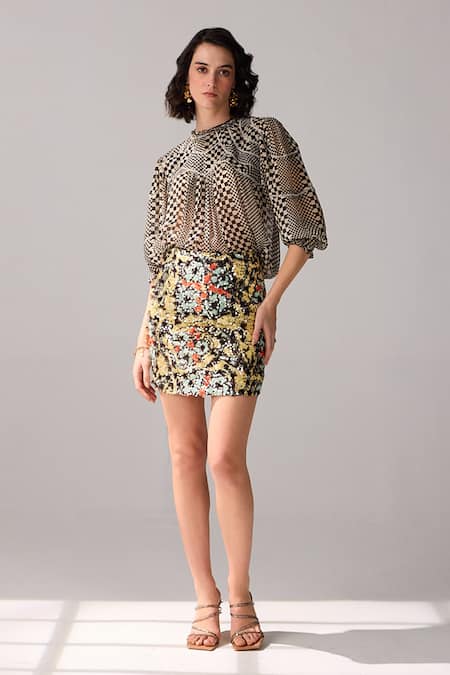 Verb By Pallavi Singhee_Yellow Cotton Sequins Floral Print Mini Skirt _Online_at_Aza_Fashions
