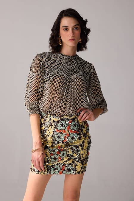 Buy_Verb By Pallavi Singhee_Yellow Cotton Sequins Floral Print Mini Skirt _Online_at_Aza_Fashions